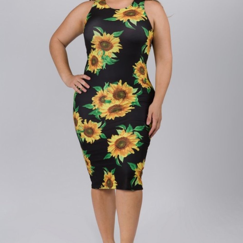 Crew Neck Sunflower Bodycon Midi Dress